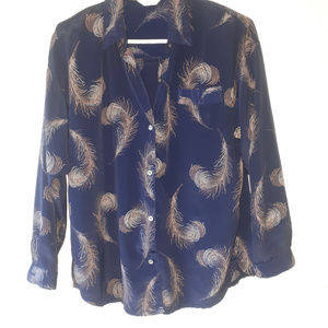 Vintage Style Button Blouse Feather Print Sz L